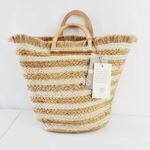 Antik Kraft Striped Jute Tote Ivory Large Beach Coastal Wood Handle Bag NEW